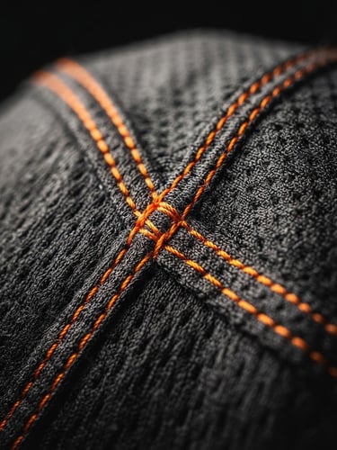 Macro shot of high-contrast orange stitching on a dark charcoal football jersey, dramatic studio rim lighting highlighting fabric texture