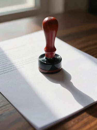 Close-up of a notarial seal being pressed onto an official document on a dark wood desk, natural north-facing window light raking across the paper surface, ink and embossed detail sharply visible, off-center composition with generous margin on the left