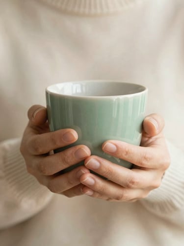 close-up of hands gently holding a warm ceramic cup, soft knit sweater, warm morning light, shallow depth of field, cream and sage tones