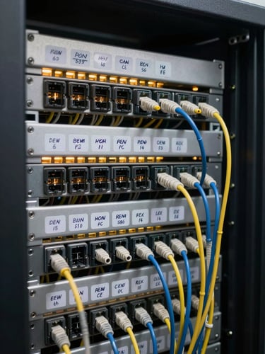 Close-up portrait of a structured cabling patch panel inside a server room cabinet, individual cable terminations labeled with handwritten tags, lit by the ambient glow of rack-mounted equipment, real installation environment
