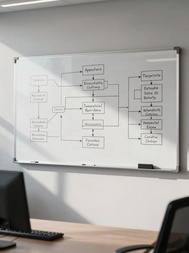 A clean, modern war-room environment with natural office daylight. A whiteboard in the background shows a detailed, hand-drawn system architecture flowchart with technical annotations. No models.
