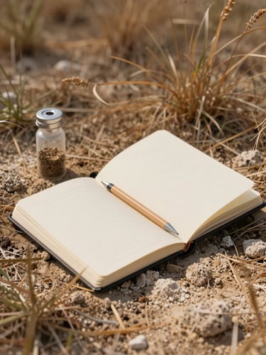 Close overhead view of an open field notebook resting on pale mineral-dusted soil, a small soil sampling vial and pencil beside it, natural north-facing daylight, warm ochre and cream tones, soft-focus background of dry grasses