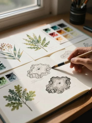 Close-up of a studio work surface — layered botanical prints, pigment swatches, and annotated geological sketches arranged under warm north-facing window light, a brush resting mid-composition across an open sketchbook