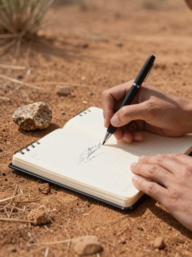 Portrait-framed shot of hands writing in a field notebook, a small rock specimen resting beside it on dry ochre earth, natural north-facing daylight, ink marks visible mid-page, warm and precise
