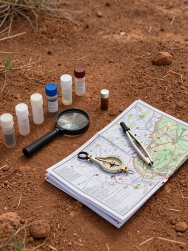 Overhead study of a geologist's field kit spread on dry ochre soil — small sampling vials, a hand lens, a compass, and a folded topo map, photographed in bright natural daylight with the tools arranged in working order rather than staged symmetry