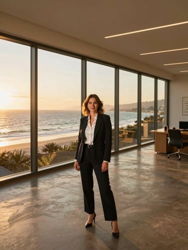 A professional environmental portrait of a real estate agent in a modern coastal office with large windows, warm golden-hour light, ocean view in the background, wide-angle lens