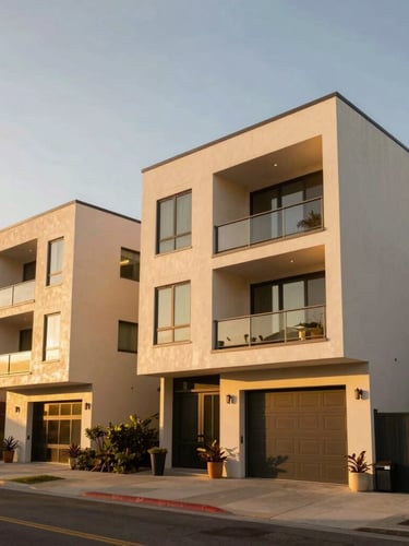 Wide-angle architectural shot of a modern Manhattan Beach triplex at golden hour, clean geometric lines, warm coastal daylight, high-end real estate