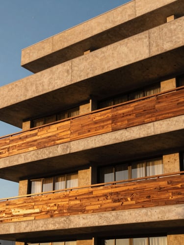 Close-up of a modern architectural concrete and wood duplex exterior in Manhattan Beach, warm Southern California golden-hour light