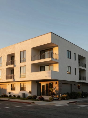 Wide-angle architectural shot of a modern multi-family duplex in Manhattan Beach, clean geometric lines, warm California golden-hour light