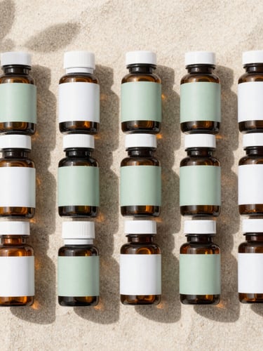 Overhead flat-lay of clean amber glass supplement bottles arranged neatly on a light sand surface, soft botanical shadows, clinical daylight