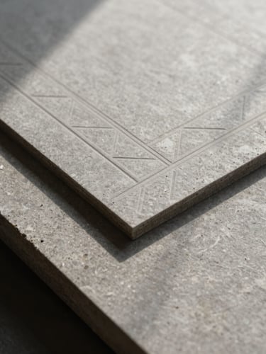 A sharp close-up of heavy-weight stone gray paper stock with embossed geometric grid lines, deep directional shadows from natural light, architectural alignment.