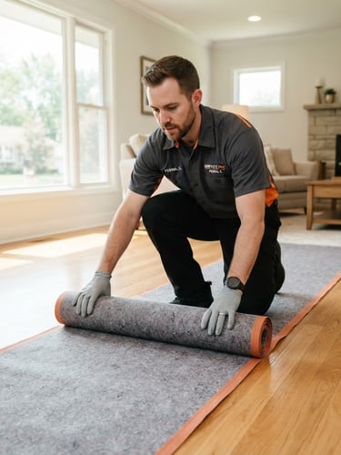 Technician in clean uniform laying down protective floor coverings inside a bright Peoria living room, natural window light, sharp focus, 35mm lens