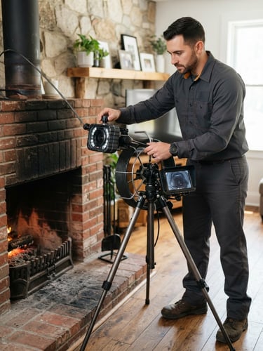 A clean-cut chimney technician in a dark gray uniform adjusting a high-tech chimney inspection camera on a tripod, bright natural daylight, sharp focus, 35mm lens