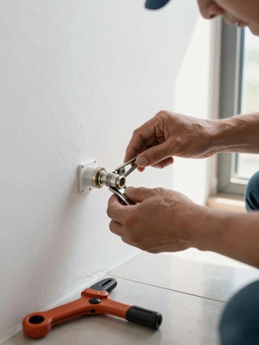 Close-up of a skilled worker's hands tightening an electrical conduit fitting on a clean white wall, professional tools laid nearby on a tiled floor, bright natural daylight from a side window, sharp detail on the conduit clamp