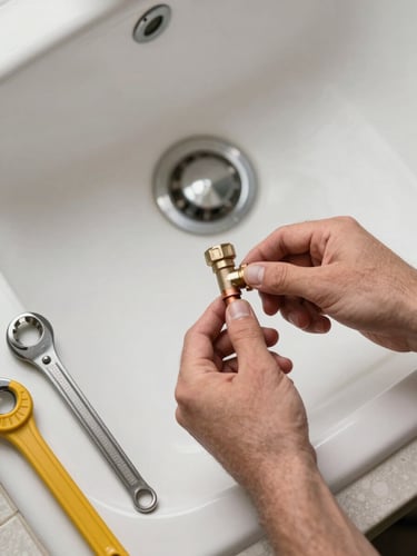Close-up overhead flat-lay of a plumber's hands tightening a copper pipe joint under a sink, clean white ceramic basin visible, daylight filtering in, tools arranged neatly on the tiled floor beside the work area