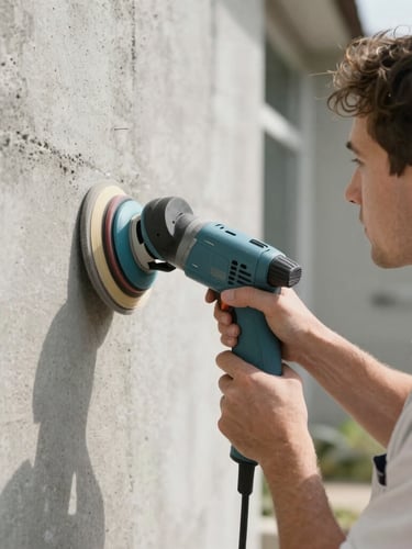 Close-up of a professional painter in a clean uniform carefully preparing an exterior concrete wall surface, using modern sanding equipment, bright daylight.