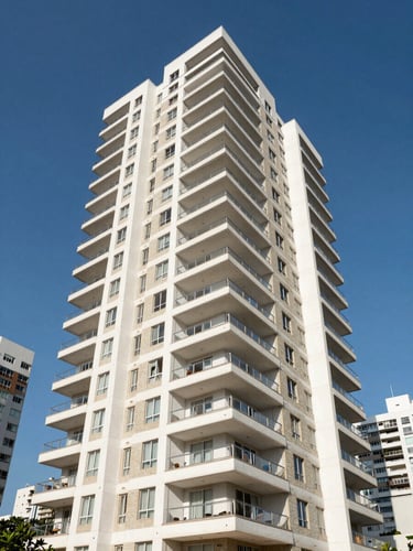Wide-angle architectural shot of a modern luxury oceanfront condominium building in Bertioga, clean white and sand-colored concrete facade, bright blue sky, sunny day.