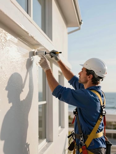 Close-up of a professional painter in uniform and safety harness applying an elastomeric protective coating to a coastal building facade, bright morning sunlight, clean lines.
