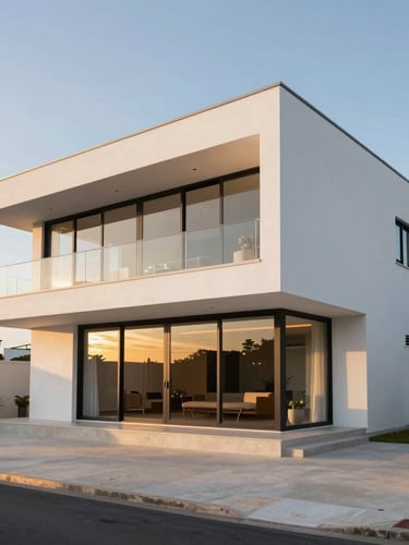 Wide shot of a modern luxury coastal house in Bertioga, clean white walls, golden hour sunlight reflecting off high-end architectural paint, sharp edges