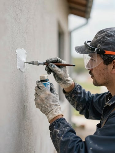 Close-up of a professional painter wearing safety gear, carefully applying protective sealant to an exterior wall under bright daylight