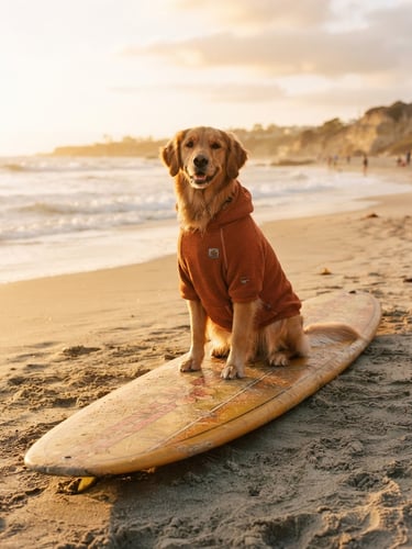A golden retriever wearing a burnt orange dog hoodie sitting on a vintage surfboard, warm analog film style, golden-hour coastal sunlight.
