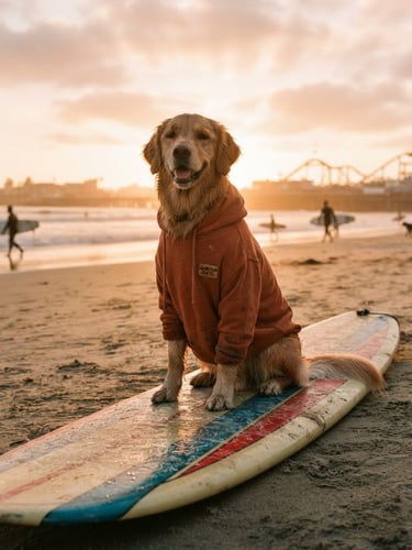 Low-angle warm analog film photograph of a golden retriever wearing a burnt orange dog hoodie sitting on a surfboard on a hazy Santa Cruz beach, golden hour light, 35mm lens.