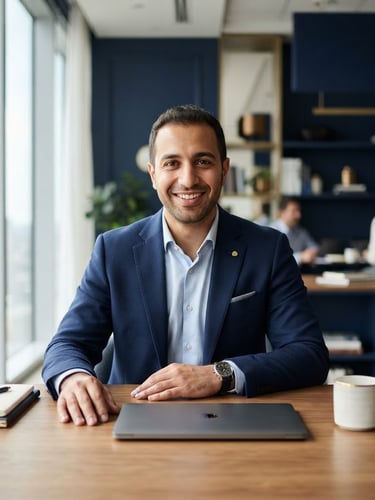 Professional environmental portrait of Amin Rafiki in a bright, modern office setting, looking directly at the camera with a confident, welcoming smile, soft natural daylight, deep navy and subtle gold tones in the background, 50mm lens, shallow depth of field.