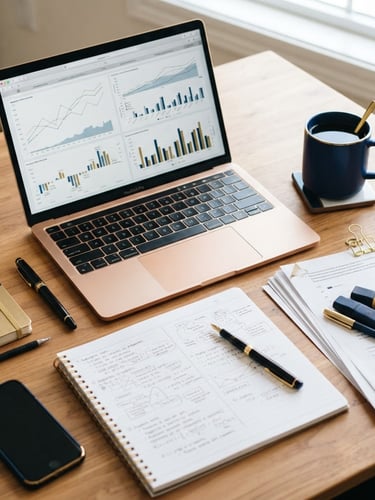 An overhead flat-lay of structured study materials, organized academic notes, a laptop showing statistical data charts, and a clean coffee cup, bright daylight, gold accents.
