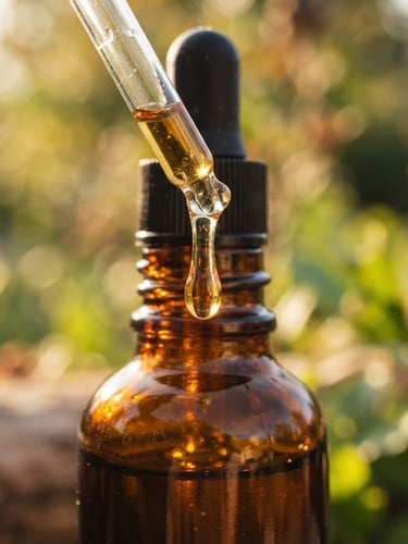 Macro close-up of an amber glass dropper bottle catching crisp morning sunlight, thick serum droplet suspended at the tip, shallow depth of field, centered composition.