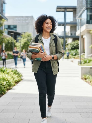 Bright editorial photography of an optimistic young student holding books on a clean modern university campus, natural daylight, 35mm