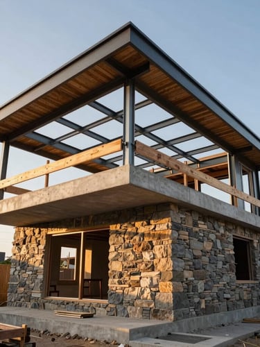 Low-angle architectural photography of a custom modern residence under construction, showing heavy-duty steel framing and concrete slabs against a clear sky.