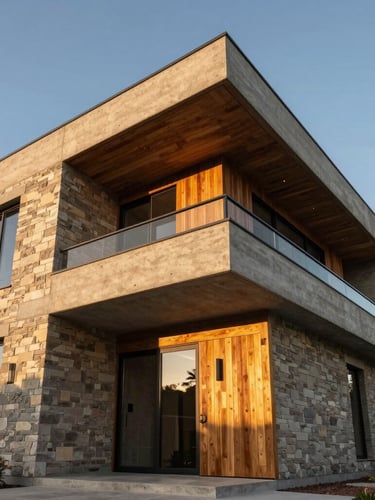Low-angle architectural elevation of a modern luxury concrete and timber home facade, warm golden-hour sunlight, rich stone textures, wide-angle lens, high-end residential, 35mm