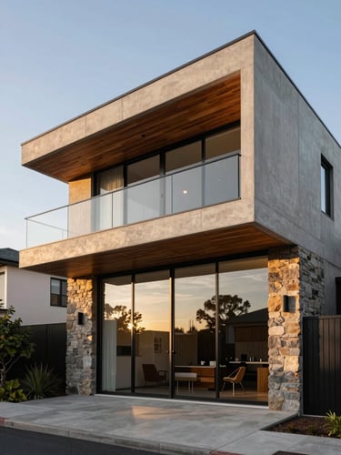 Low-angle architectural elevation of a completed custom Melbourne residence at golden hour, showcasing clean concrete lines, rich timber soffits, and expansive glass facade.