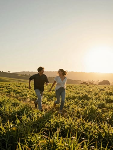 Wide panoramic shot of a young couple running through a sun-drenched Southern California field at golden hour, warm light flare, authentic laughter, backlighting.