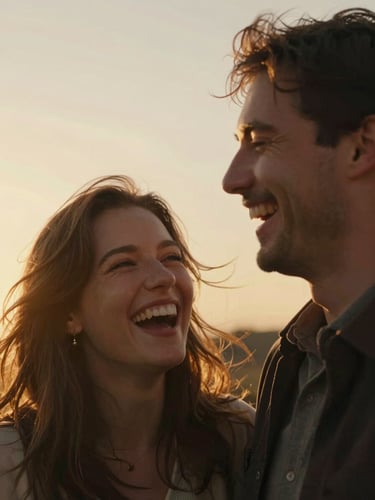 A close-up of a couple laughing, backlit by warm golden hour sun, wind-blown hair, unposed and authentic, cinematic depth of field.