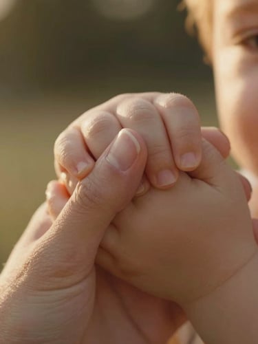 Extreme close-up of a toddler's small hand gently holding their mother's thumb, shot in warm golden hour backlight with soft focus background.
