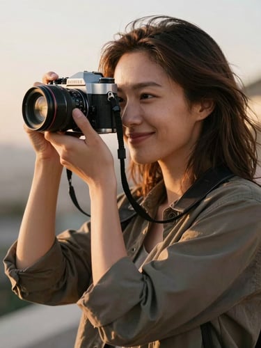 A candid portrait of a female photographer with warm golden hour light catching her hair, holding an analog film camera, relaxed and smiling away from the camera in an outdoor setting.