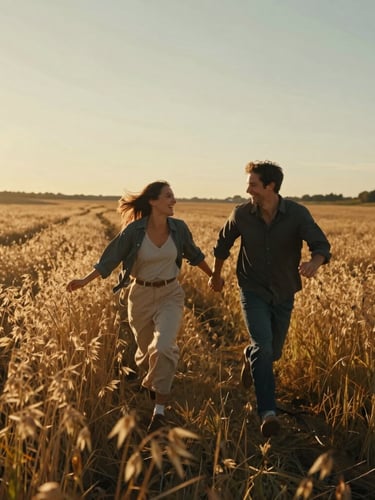 Wide environmental golden hour shot of a couple running laughing through a wild oat field, warm low-angle backlighting casting long shadows, cinematic frame