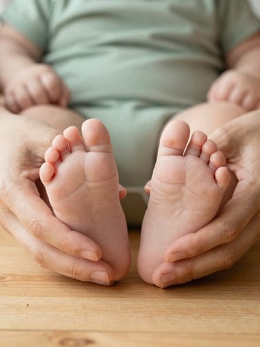 Detail of a mother's hands gently supporting a baby's bare feet on a warm wooden floor, soft natural daylight, shallow depth of field
