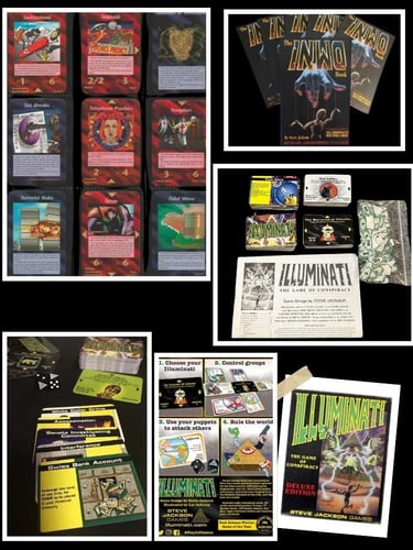 Cartas do jogo illuminati INWO 1995, Caixa do jogo deluxe 1987, Livros de regras (imagem e texto)