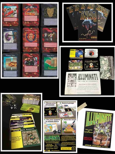 Jogo de cartas illuminati INOW  de 1995 e o manual, a caixa, as cartas de Steve jackson Games