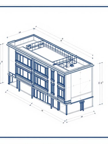 Clean architectural technical drawing, orthographic projection of a detailed building junction, Revit sheet layout with blueprint borders, desaturated blue and white tones.