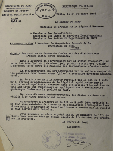circulaire M Lanquetin préfet du Nord destruction documents discriminant les Juifs