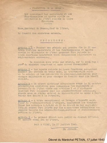 Décret Maréchal Pétain 17 juillet 1940 révocation des agents de l'Etat
