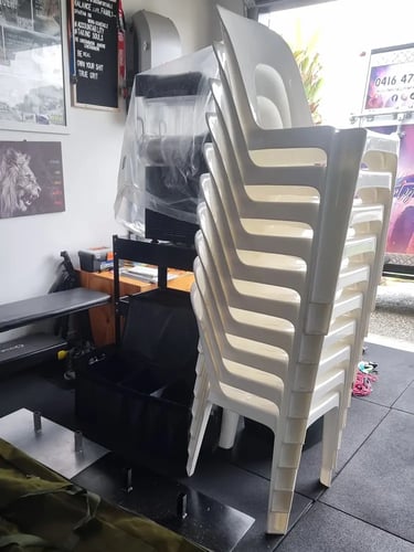 Stackable plastic event chairs available to be hired across Redlands and Brisbane.