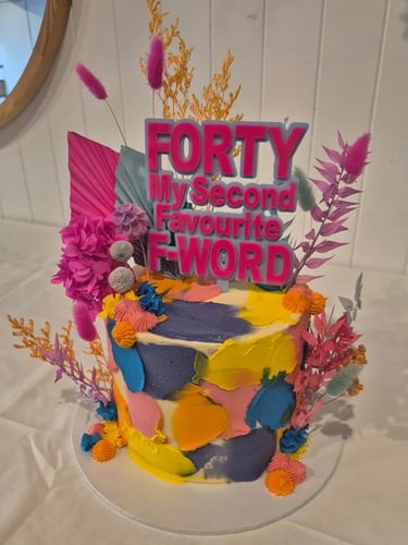 Sweetaz Crew admiring the personalised cake for a Birthday Party in Cleveland, Redlands - party hire by SweetAz Co.