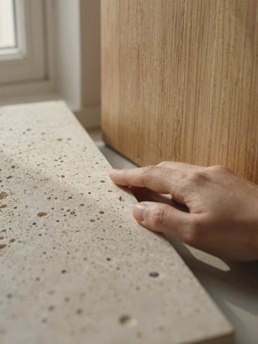 Close-up detail of tactile materials, a hand gently touching a rough travertine stone surface next to brushed oak wood, soft warm morning light, editorial styling.
