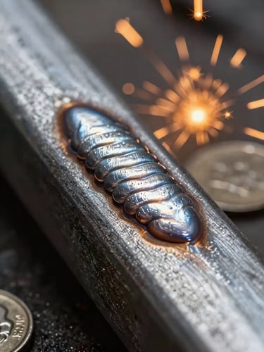 Macro close-up of a clean, unpainted TIG weld bead showing the perfect stack of dimes texture on raw steel, dramatic side-lighting highlighting the metallic grain, warm amber sparks glowing in the background.