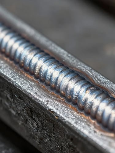 Macro close-up of a clean, unpainted TIG weld bead showing the perfect stack of dimes texture on raw gray steel, high-contrast side-lighting highlighting metallic ridges.