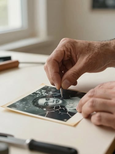Extreme close-up of a restorer's hands carefully holding a faded, cracked photographic print over a light studio table, soft north-facing window light from the left, warm cream background, tools slightly visible at lower edge, tight framing emphasizing precision and care